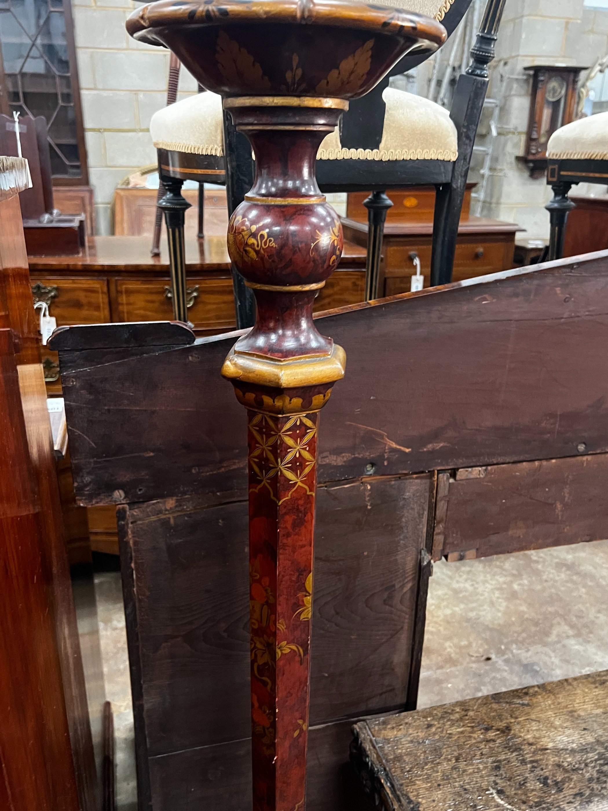 An early 20th century chinoiserie lacquered faux tortoiseshell standard lamp, height 150cm